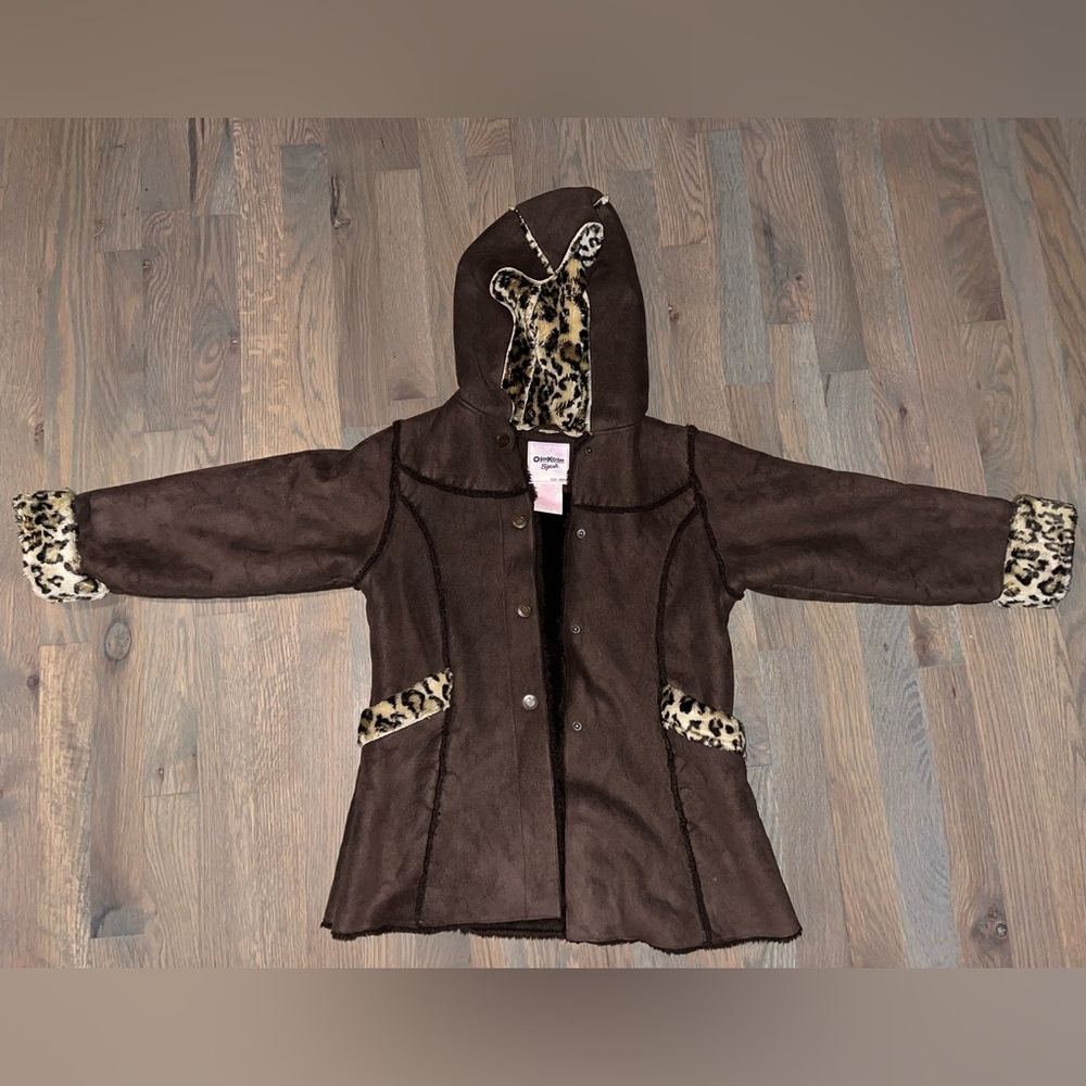 Vintage OshKosh B’gosh Brown Faux Suede Coat Leopard Hood Girls Jacket